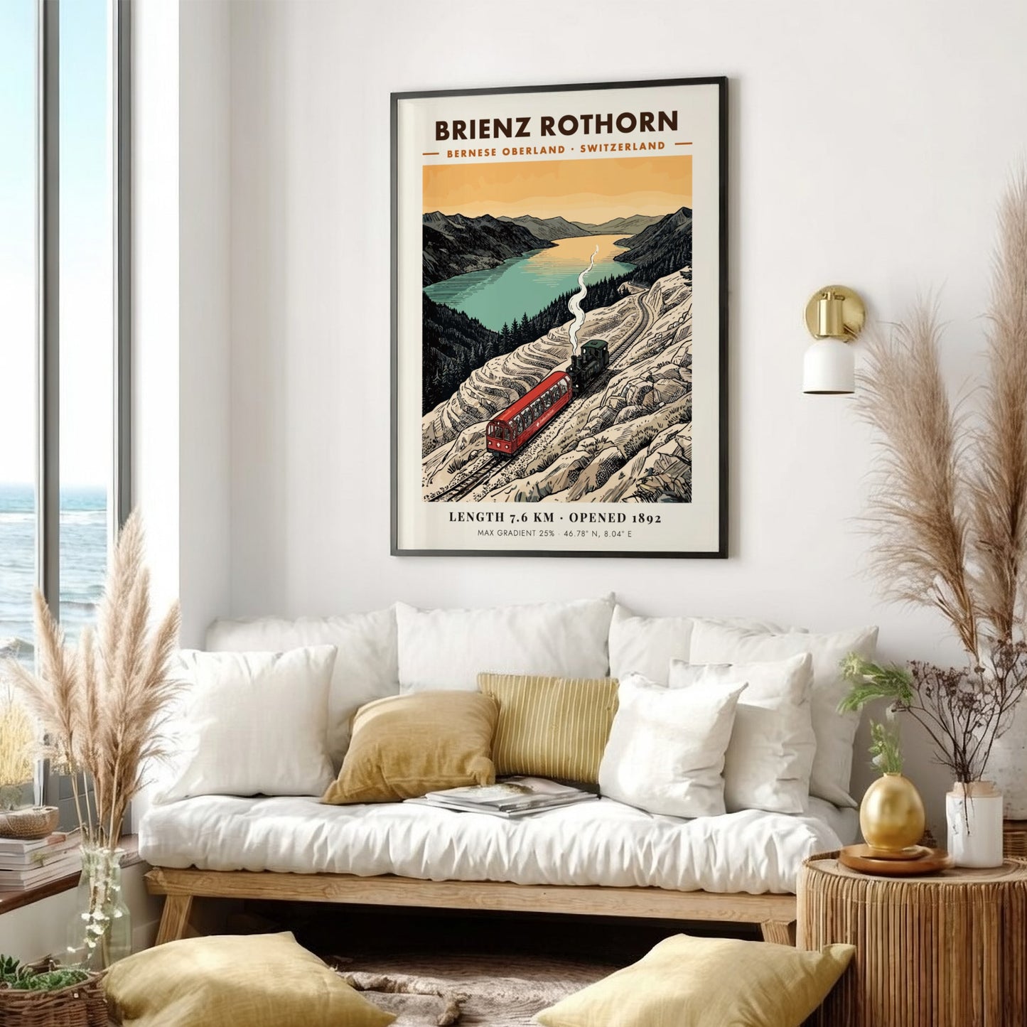 Poster of a red steam train climbing the rocky Brienz Rothorn mountain in Switzerland.