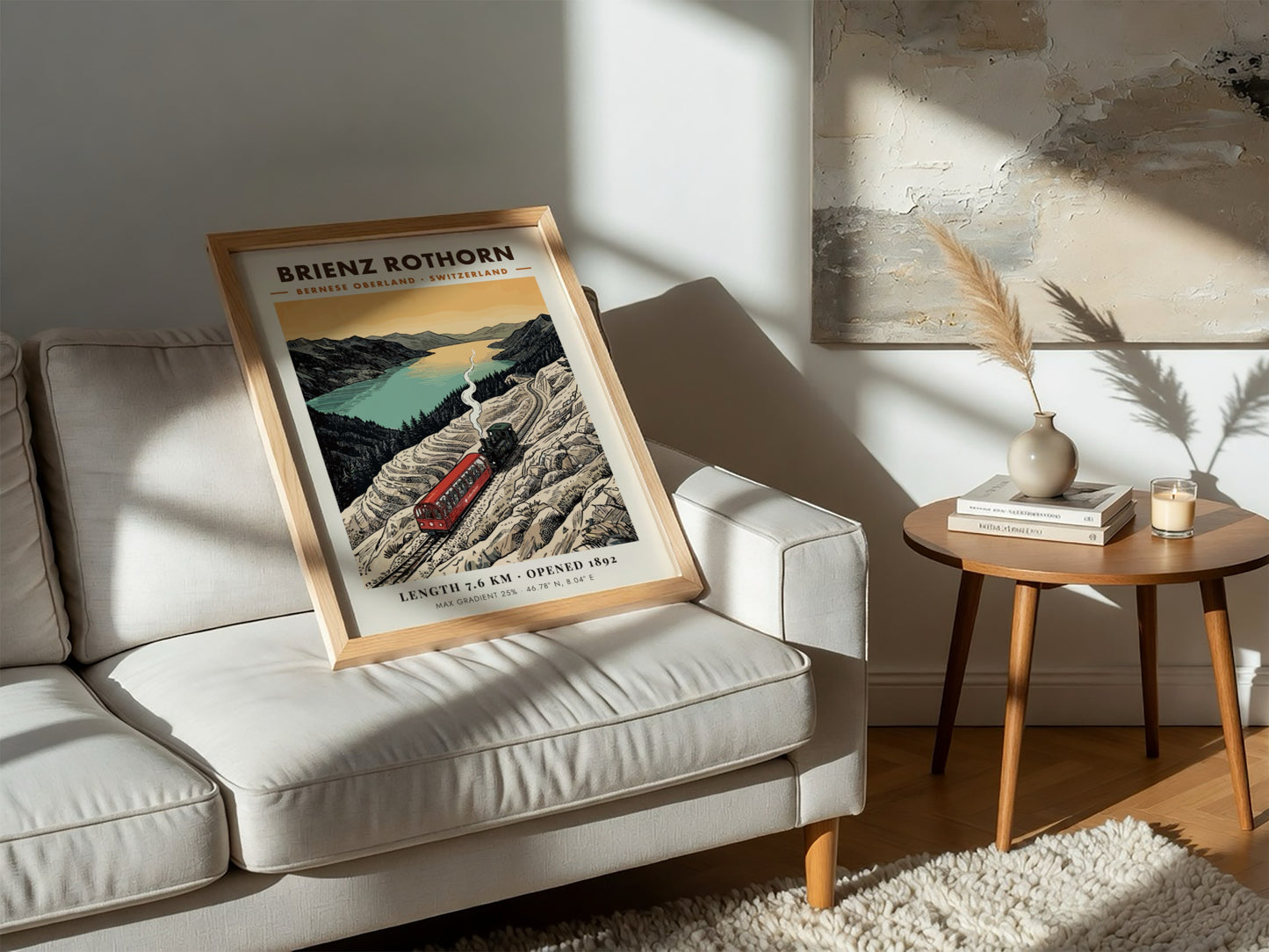 Poster of a red steam train climbing the rocky Brienz Rothorn mountain in Switzerland.