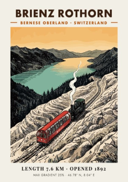 Poster of a red steam train climbing the rocky Brienz Rothorn mountain in Switzerland.