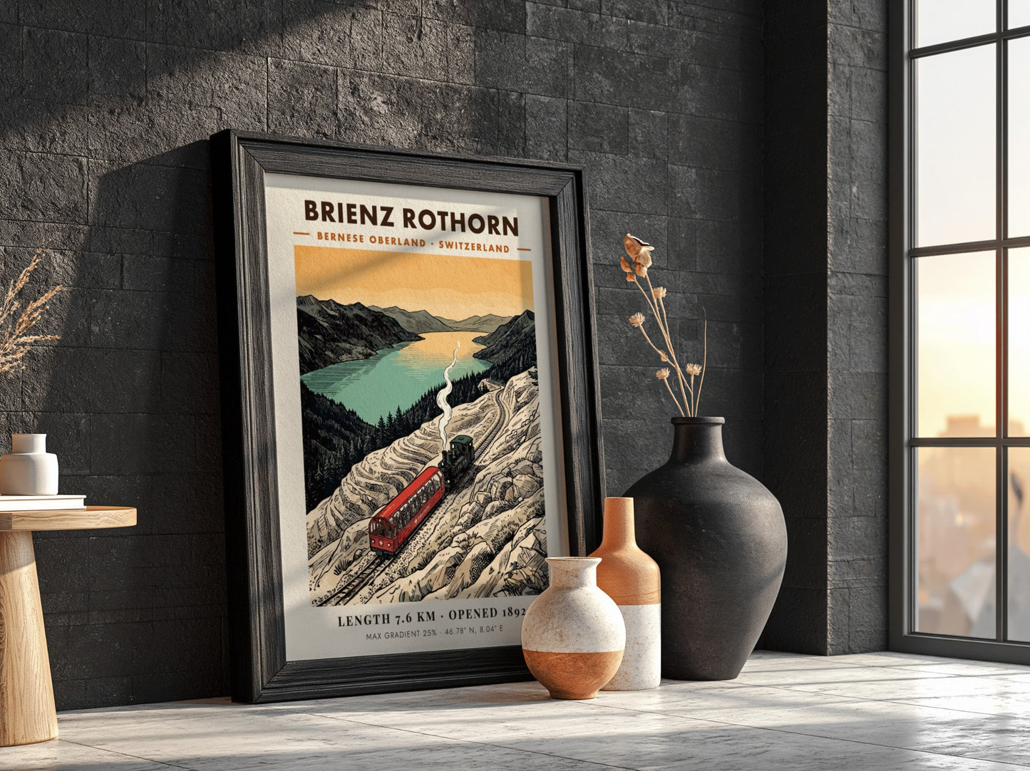 Poster of a red steam train climbing the rocky Brienz Rothorn mountain in Switzerland.