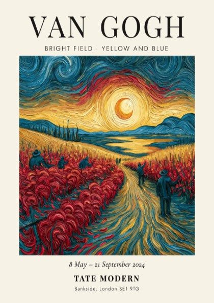 Poster inspired by Van Gogh featuring a bright field in yellow and blue with swirling sky and vibrant colors