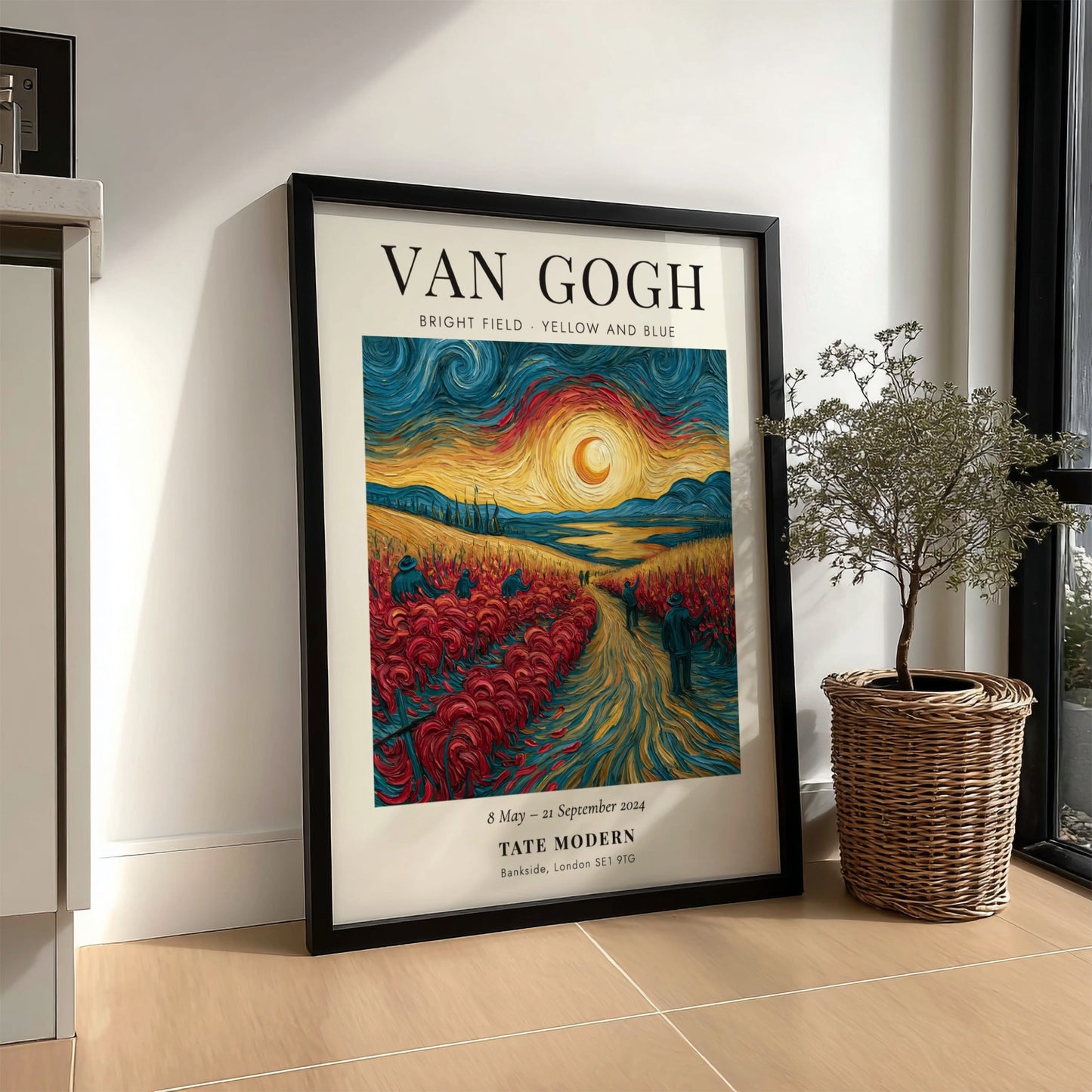 Poster inspired by Van Gogh featuring a bright field in yellow and blue with swirling sky and vibrant colors