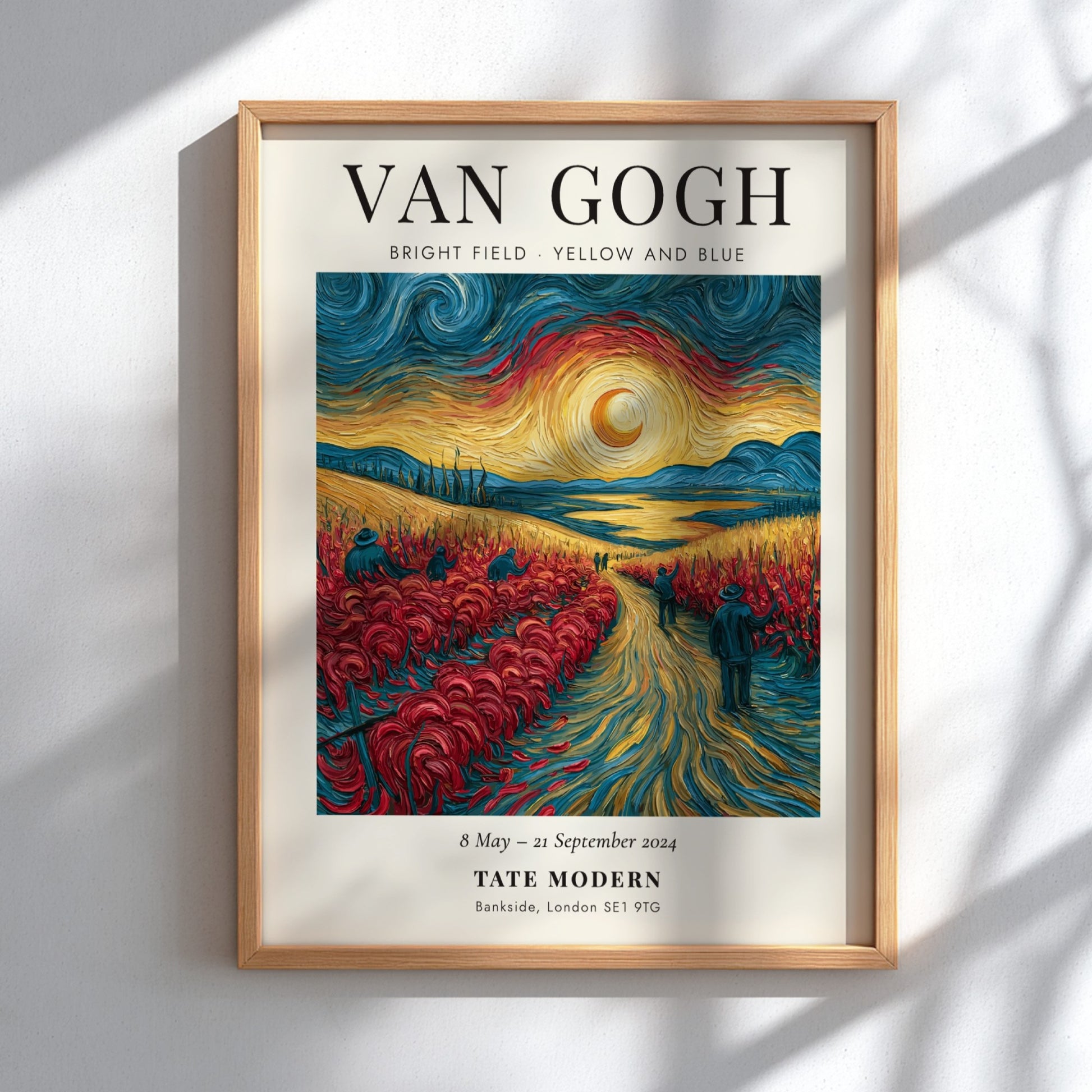 Poster inspired by Van Gogh featuring a bright field in yellow and blue with swirling sky and vibrant colors