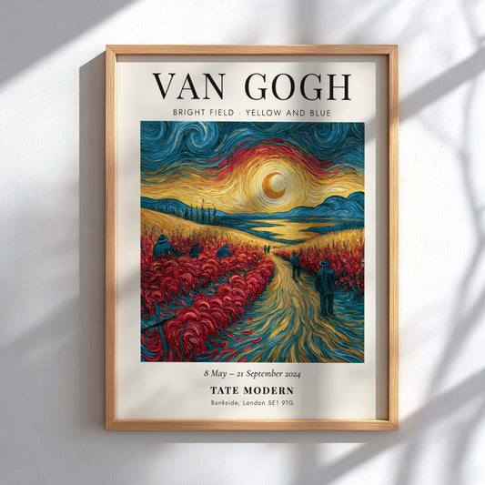 Poster inspired by Van Gogh featuring a bright field in yellow and blue with swirling sky and vibrant colors