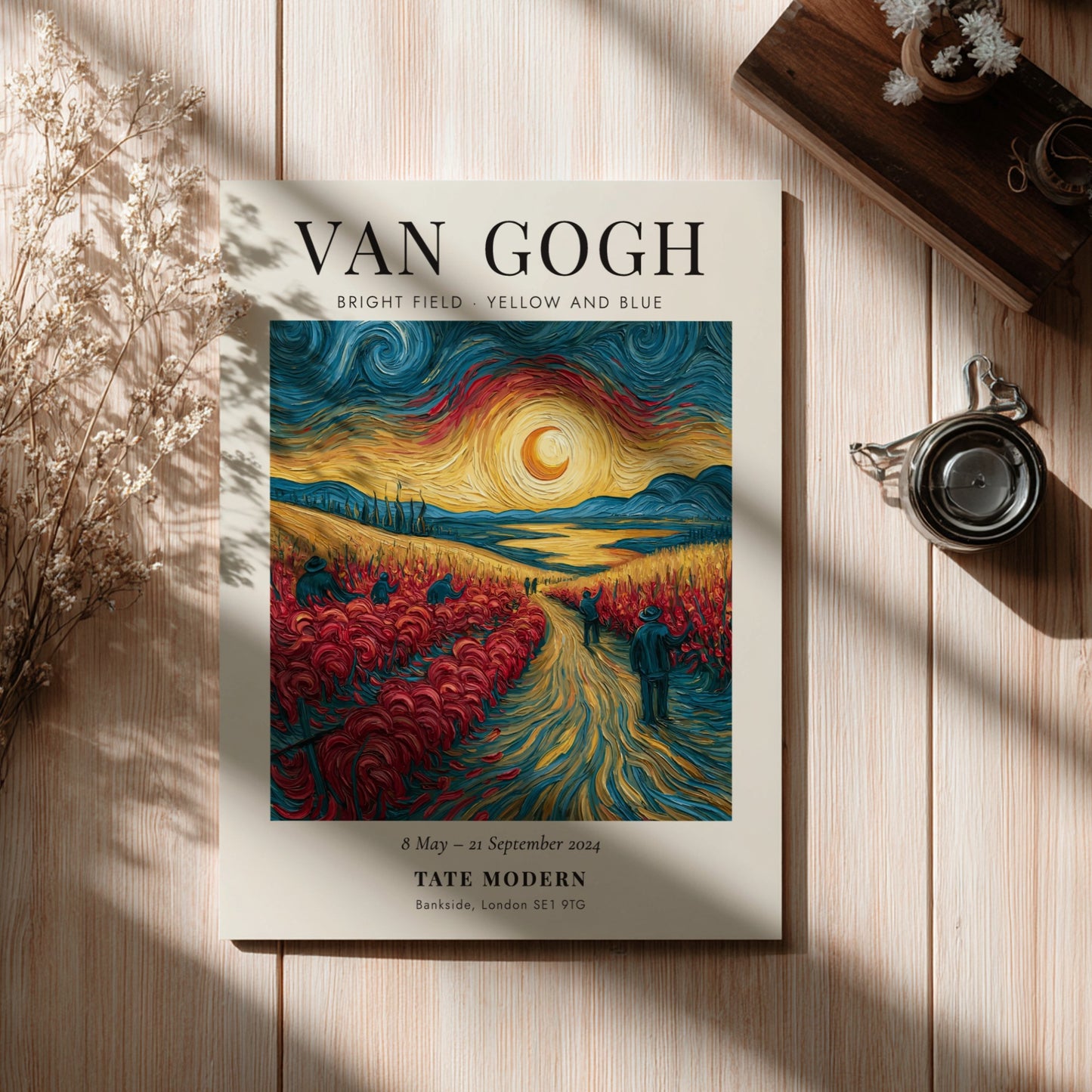Poster inspired by Van Gogh featuring a bright field in yellow and blue with swirling sky and vibrant colors