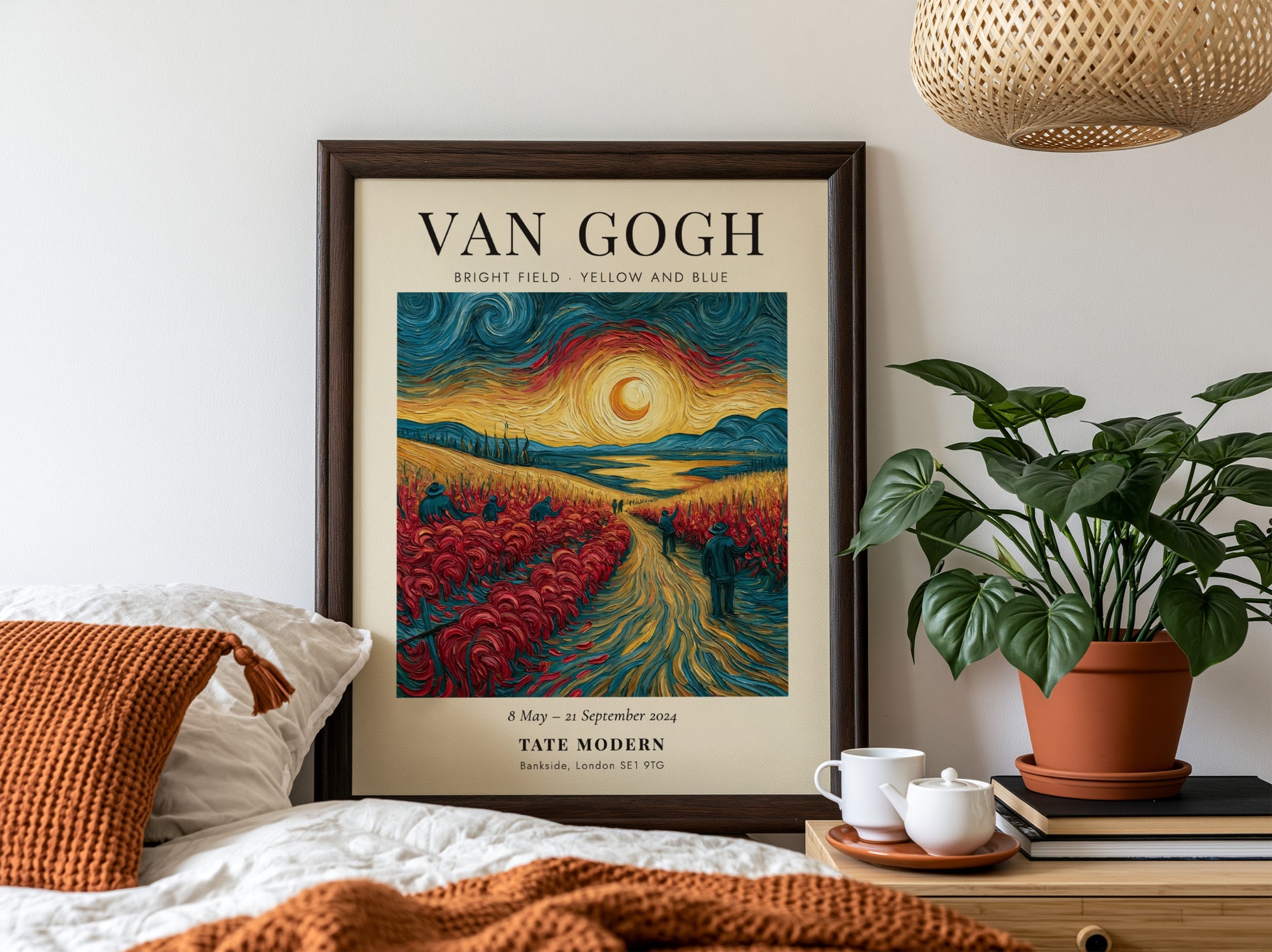Poster inspired by Van Gogh featuring a bright field in yellow and blue with swirling sky and vibrant colors