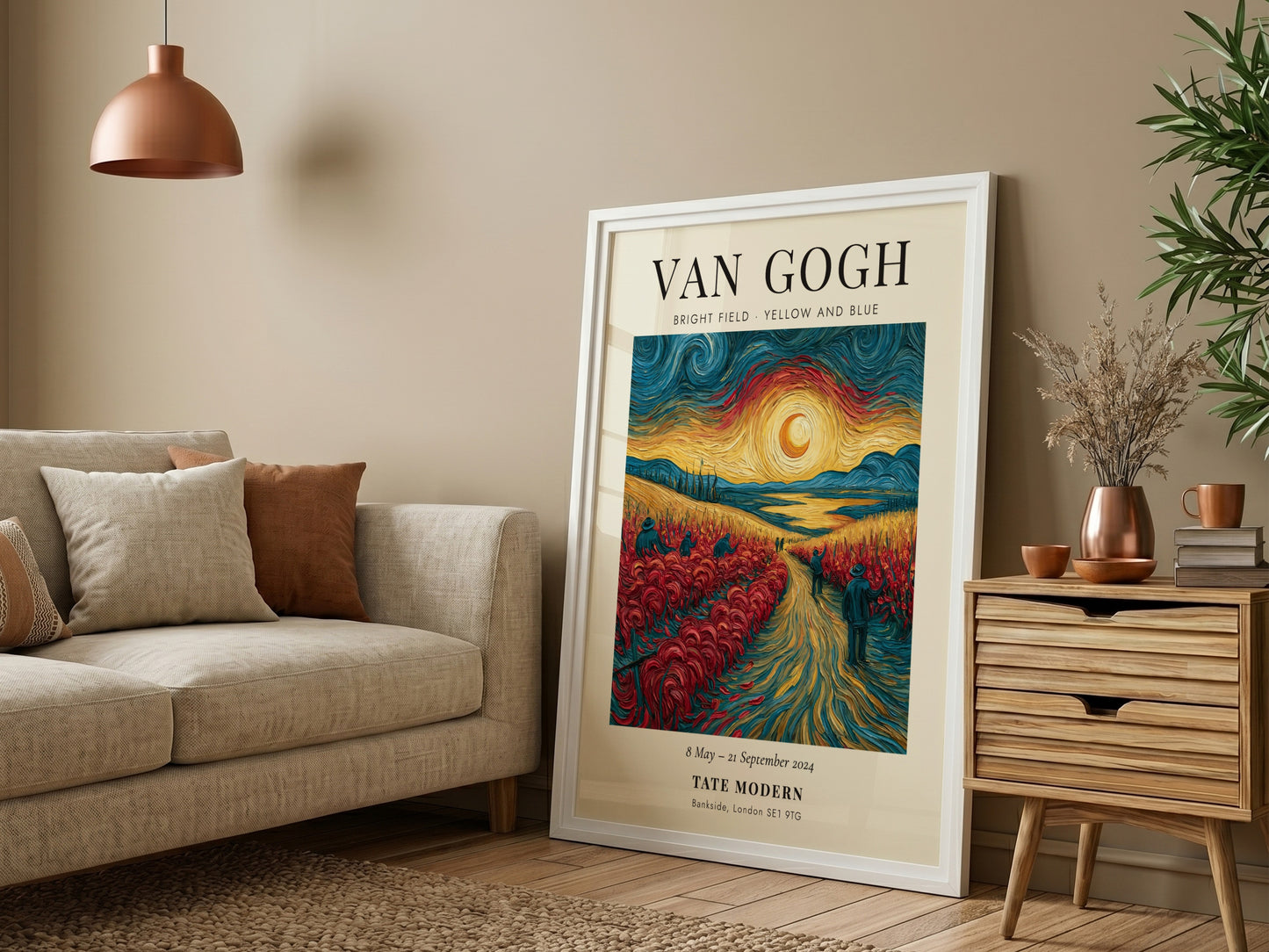 Poster inspired by Van Gogh featuring a bright field in yellow and blue with swirling sky and vibrant colors