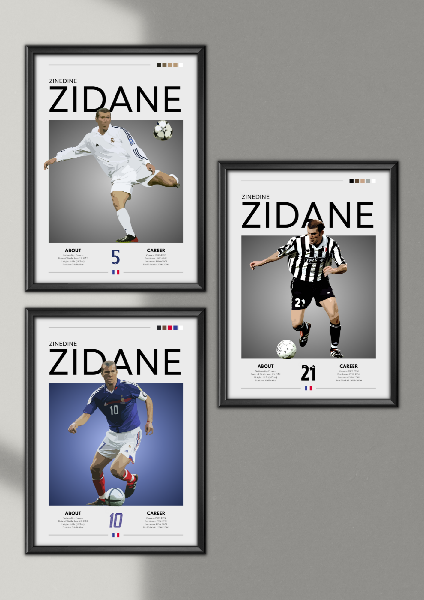 Zinedine Zidane Poster Bundle, set of 3 prints