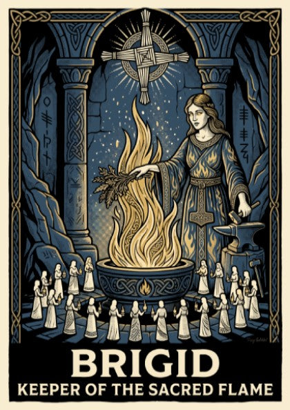 Poster featuring Brigid as keeper of the sacred flame in a blue stone chamber.
