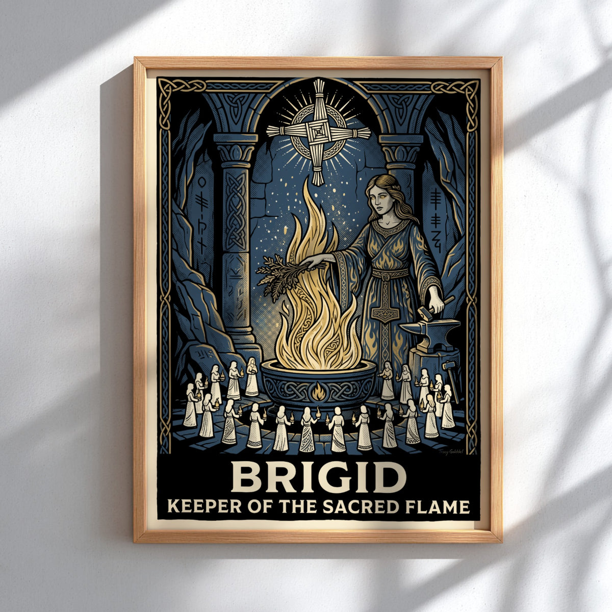Poster featuring Brigid as keeper of the sacred flame in a blue stone chamber.