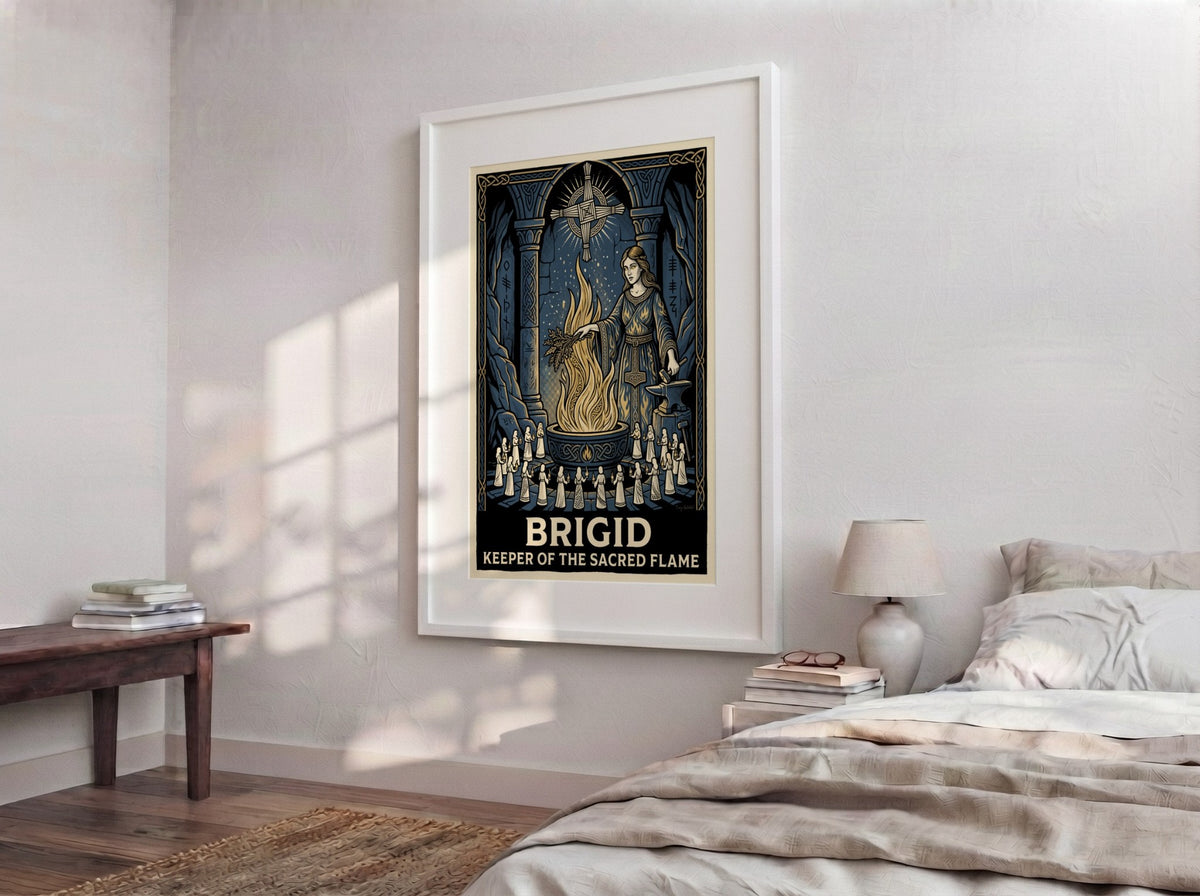 Poster featuring Brigid as keeper of the sacred flame in a blue stone chamber.