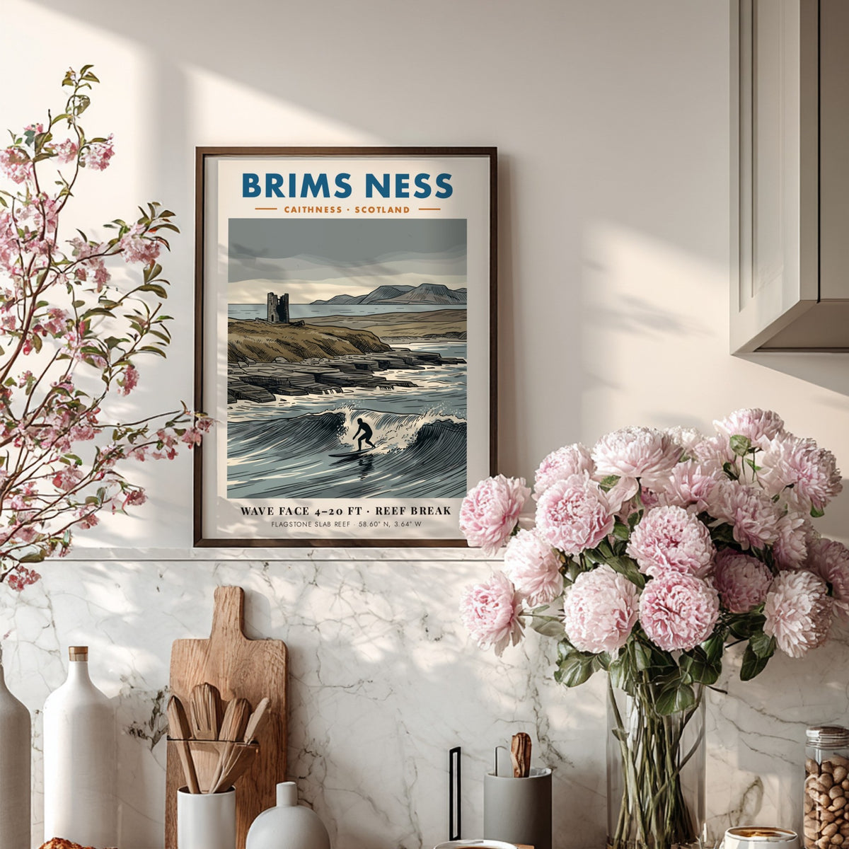 Poster showing a lone surfer on a wave at Brims Ness in Scotland.