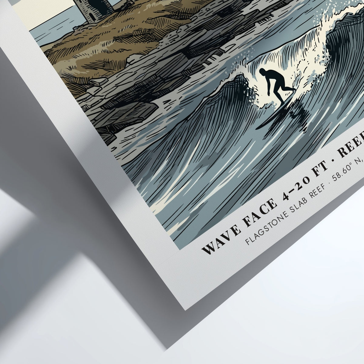 Poster showing a lone surfer on a wave at Brims Ness in Scotland.