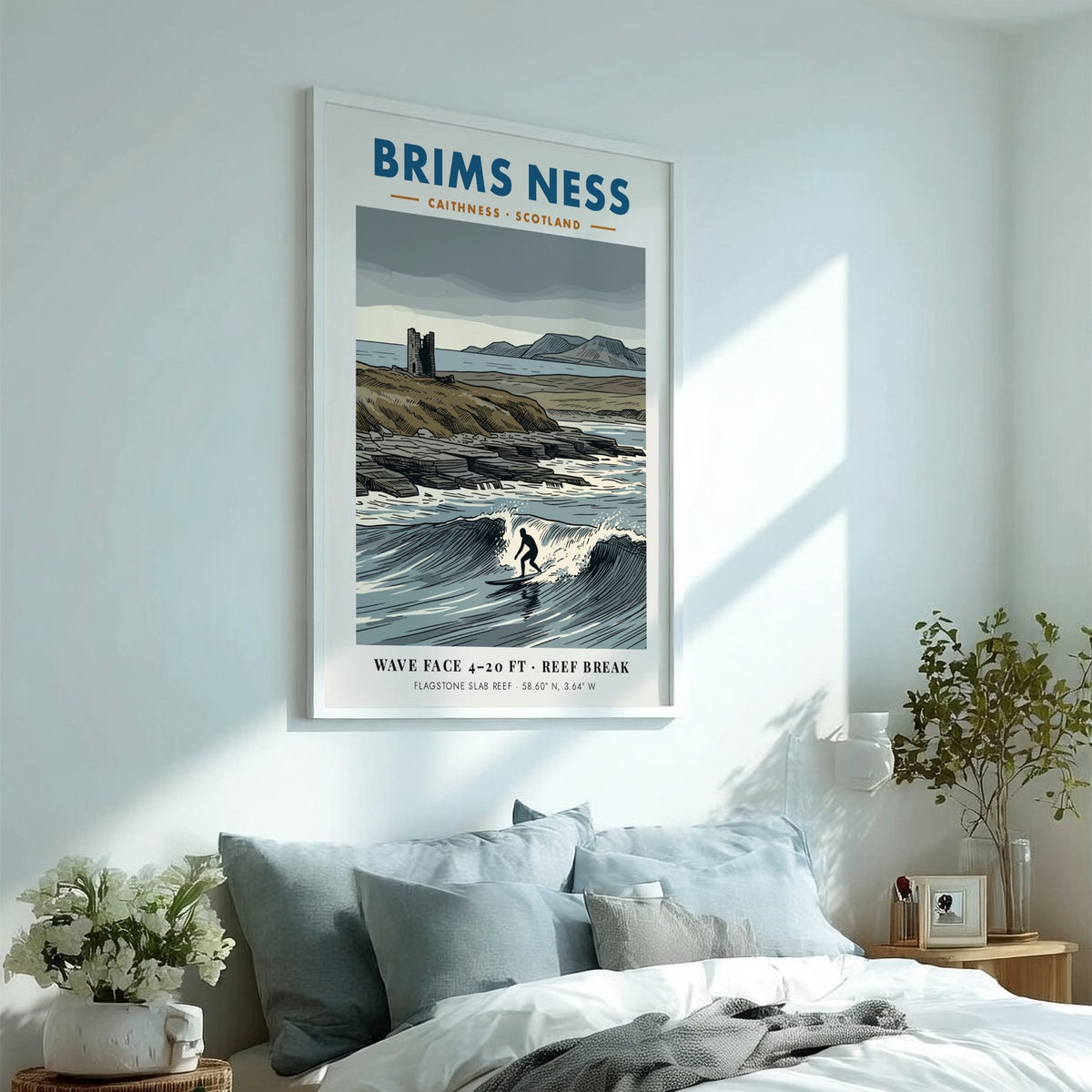 Poster showing a lone surfer on a wave at Brims Ness in Scotland.