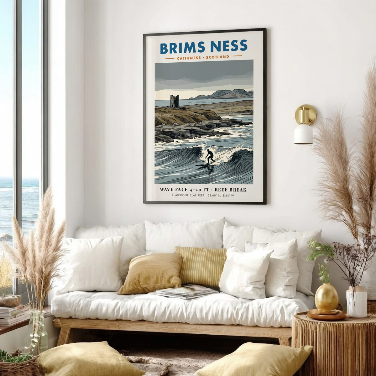 Poster showing a lone surfer on a wave at Brims Ness in Scotland.