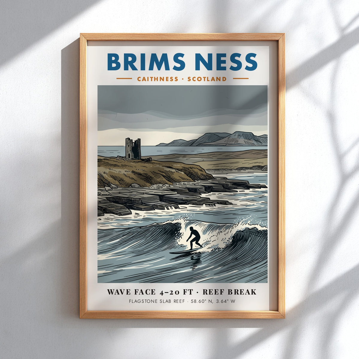 Poster showing a lone surfer on a wave at Brims Ness in Scotland.