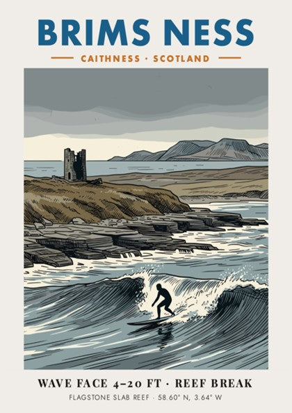Poster showing a lone surfer on a wave at Brims Ness in Scotland.