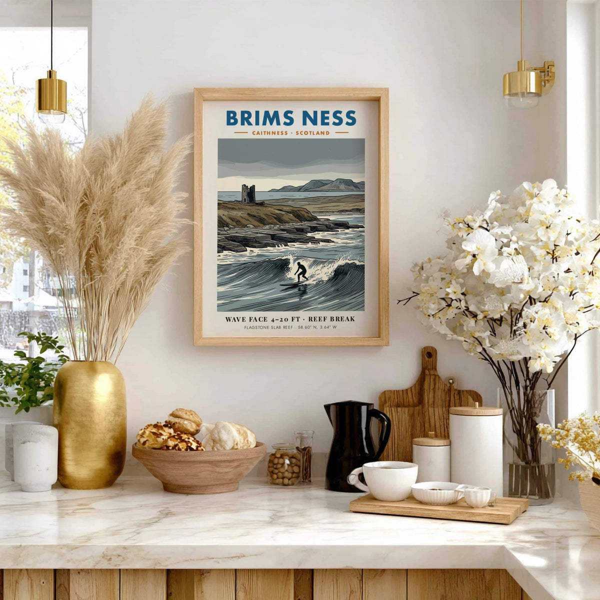 Poster showing a lone surfer on a wave at Brims Ness in Scotland.