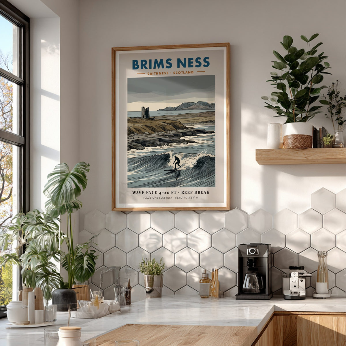 Poster showing a lone surfer on a wave at Brims Ness in Scotland.