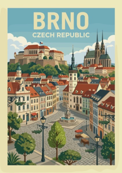 Stylized travel poster of Brno, Czech Republic, showcasing historic architecture and city landmarks.