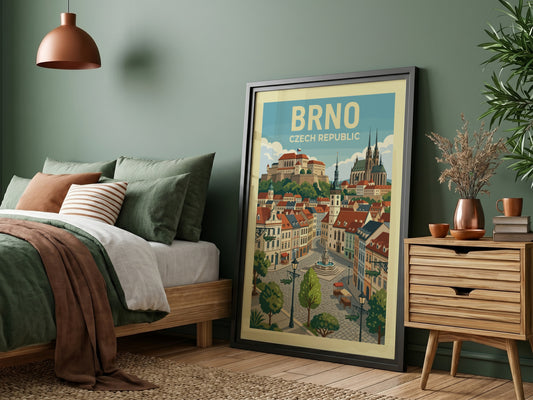 Stylized travel poster of Brno, Czech Republic, showcasing historic architecture and city landmarks.