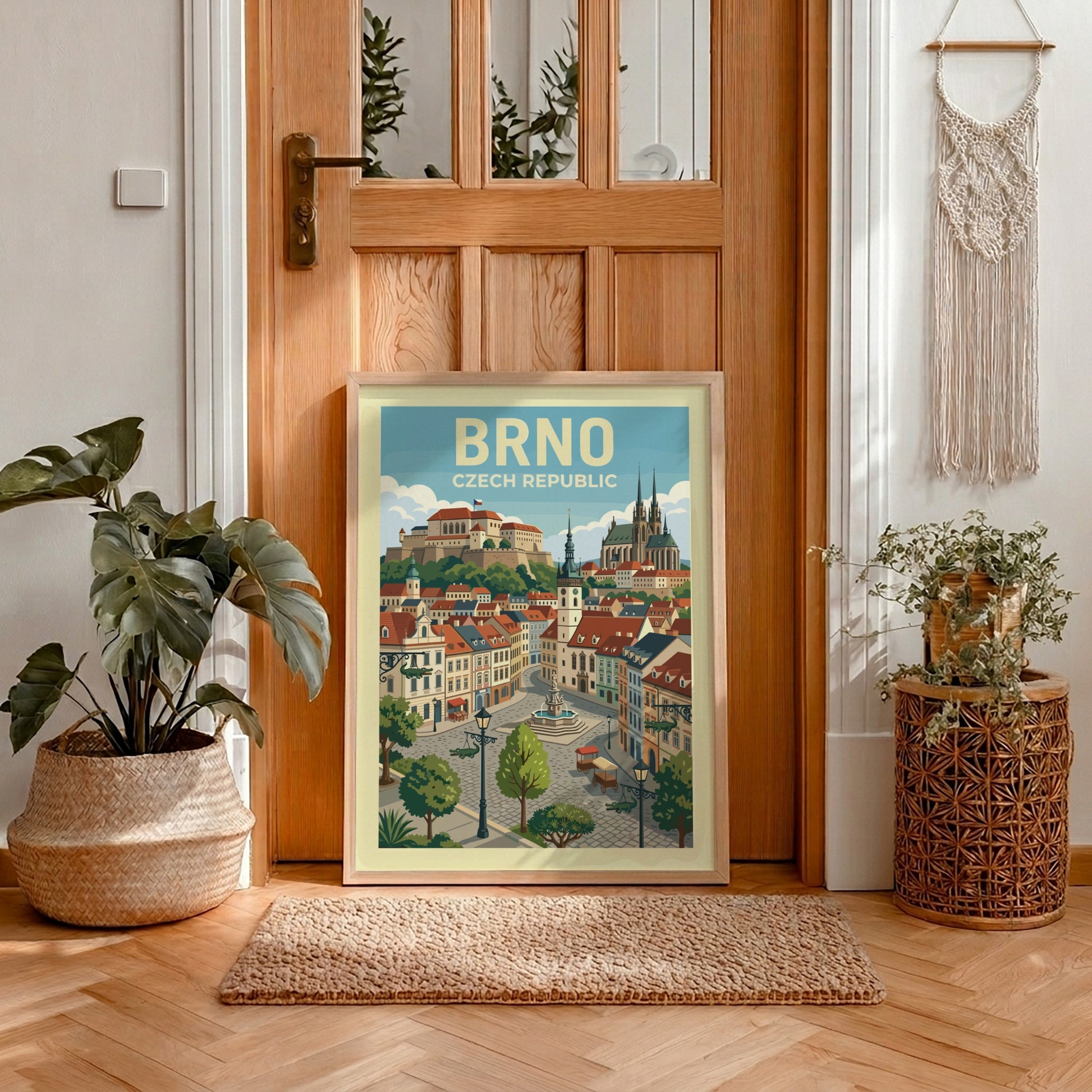 Stylized travel poster of Brno, Czech Republic, showcasing historic architecture and city landmarks.