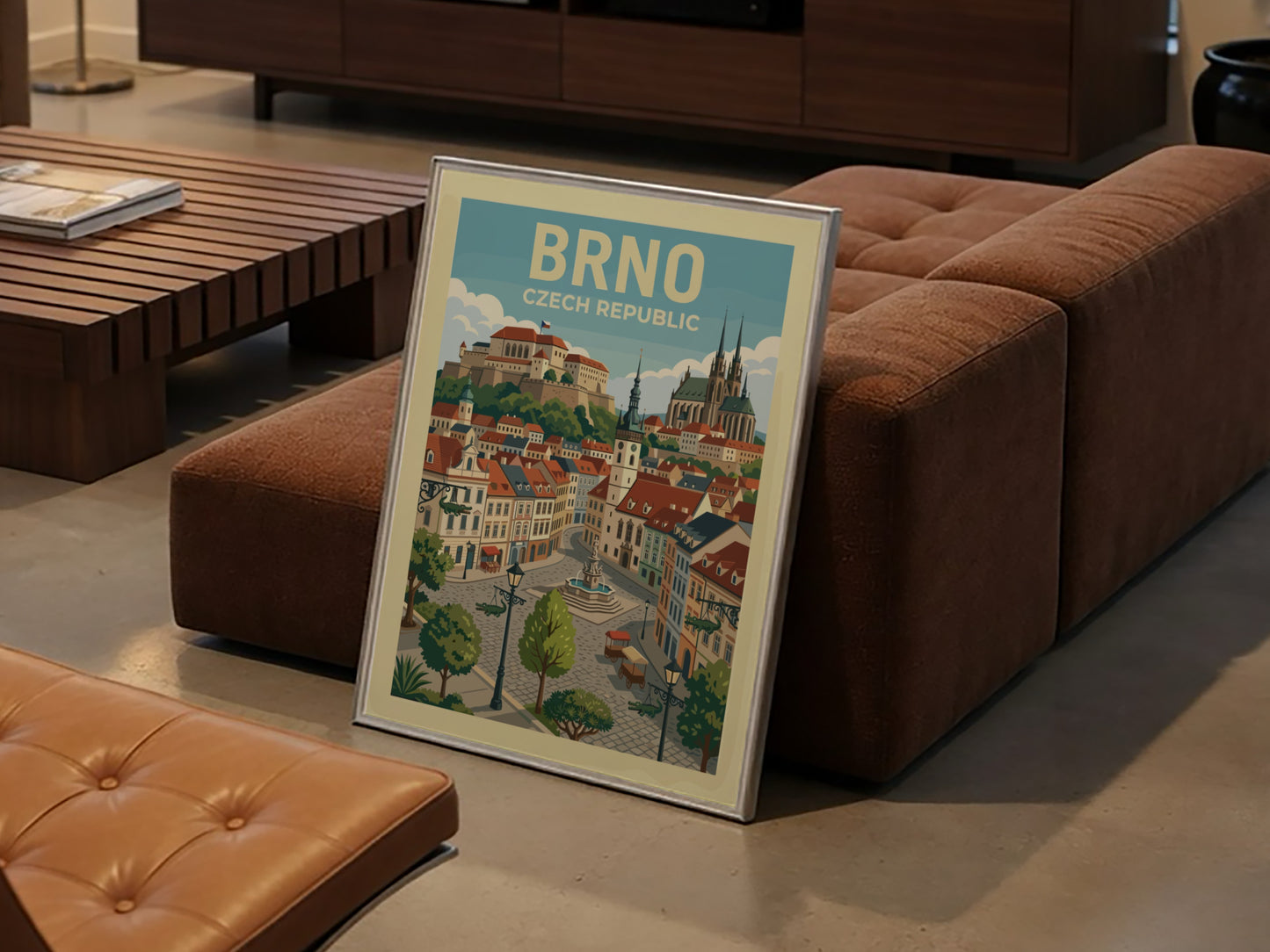 Stylized travel poster of Brno, Czech Republic, showcasing historic architecture and city landmarks.