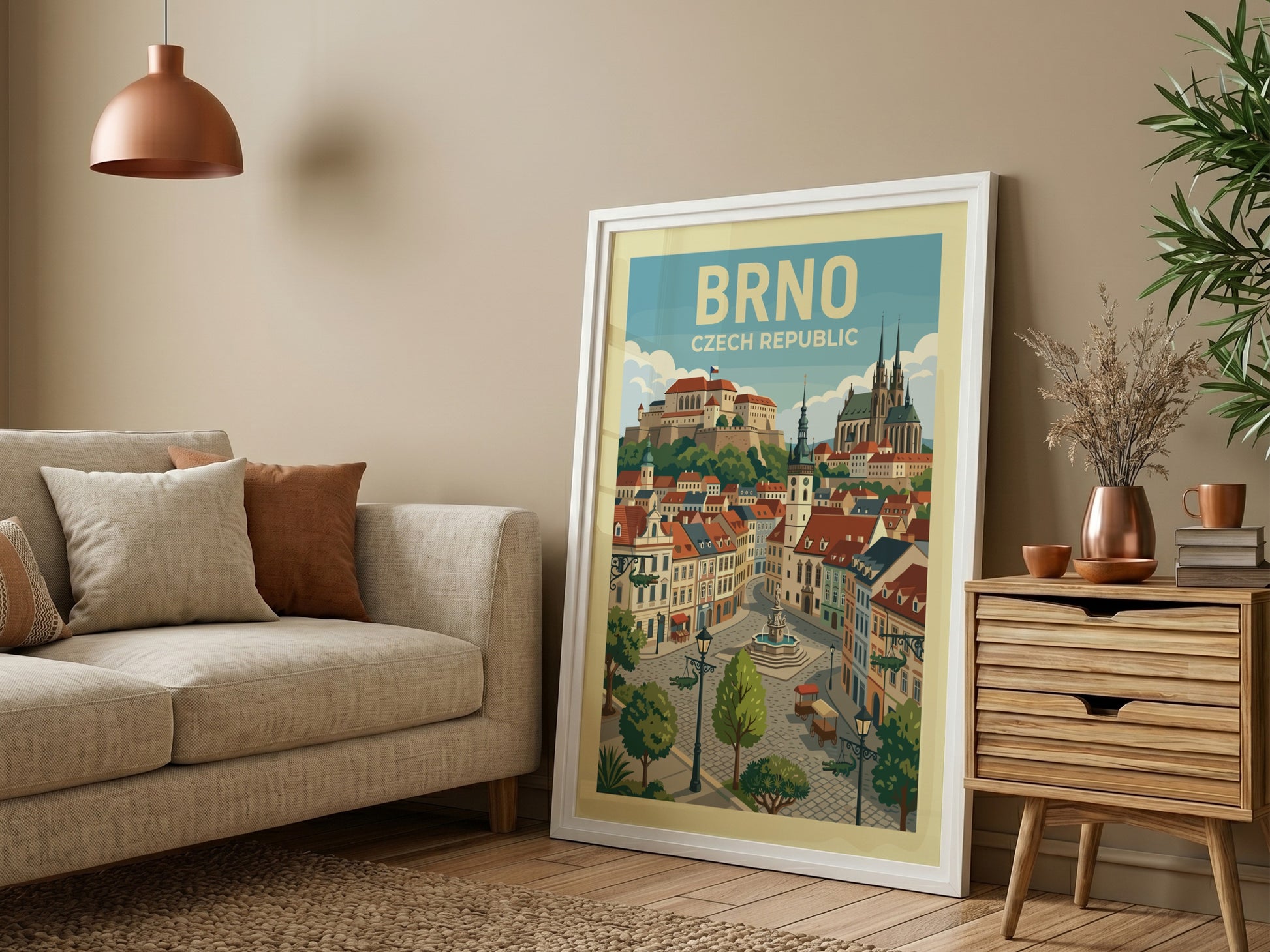 Stylized travel poster of Brno, Czech Republic, showcasing historic architecture and city landmarks.
