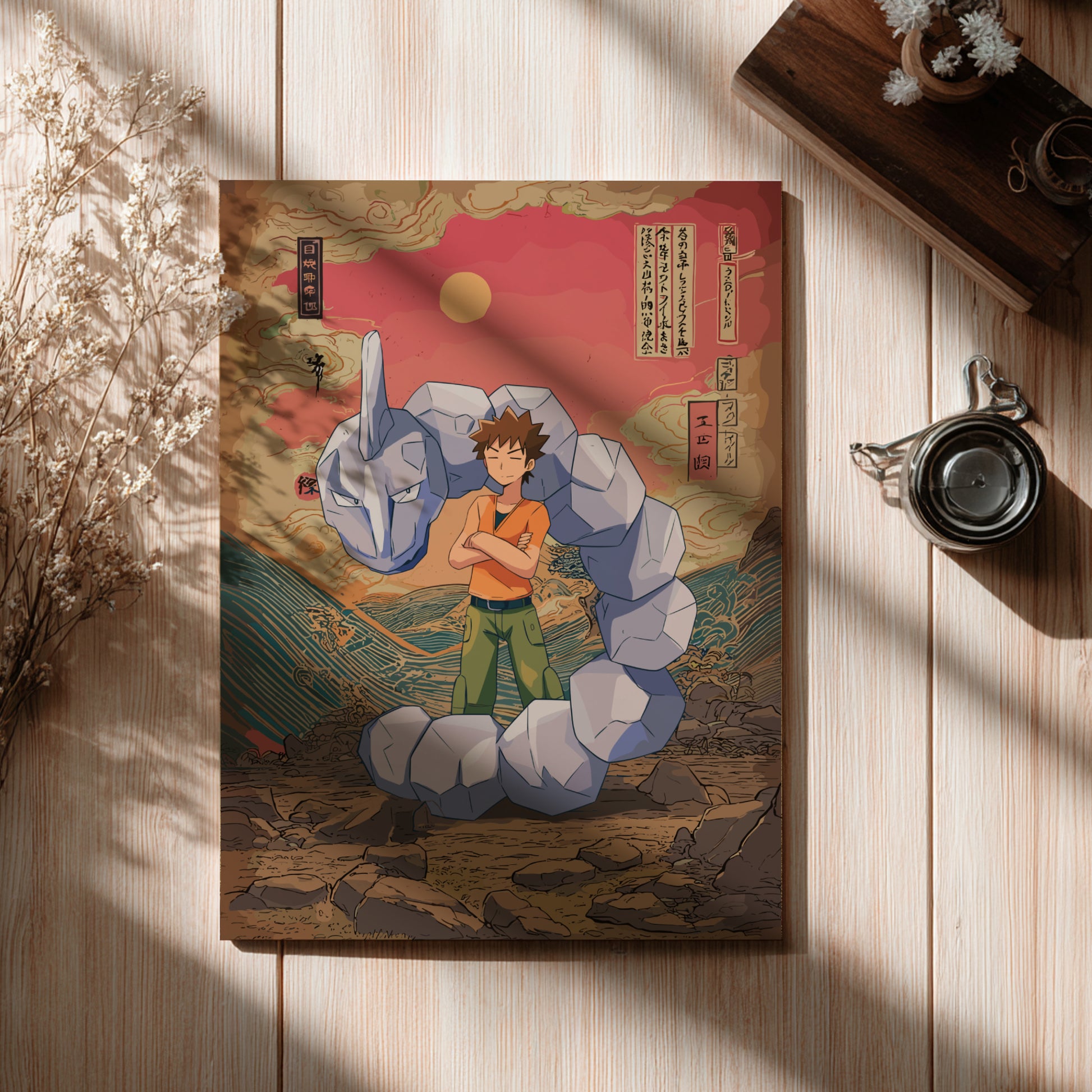 Poster with a fantasy design featuring Brock and Onix Pokemon on a wooden surface.