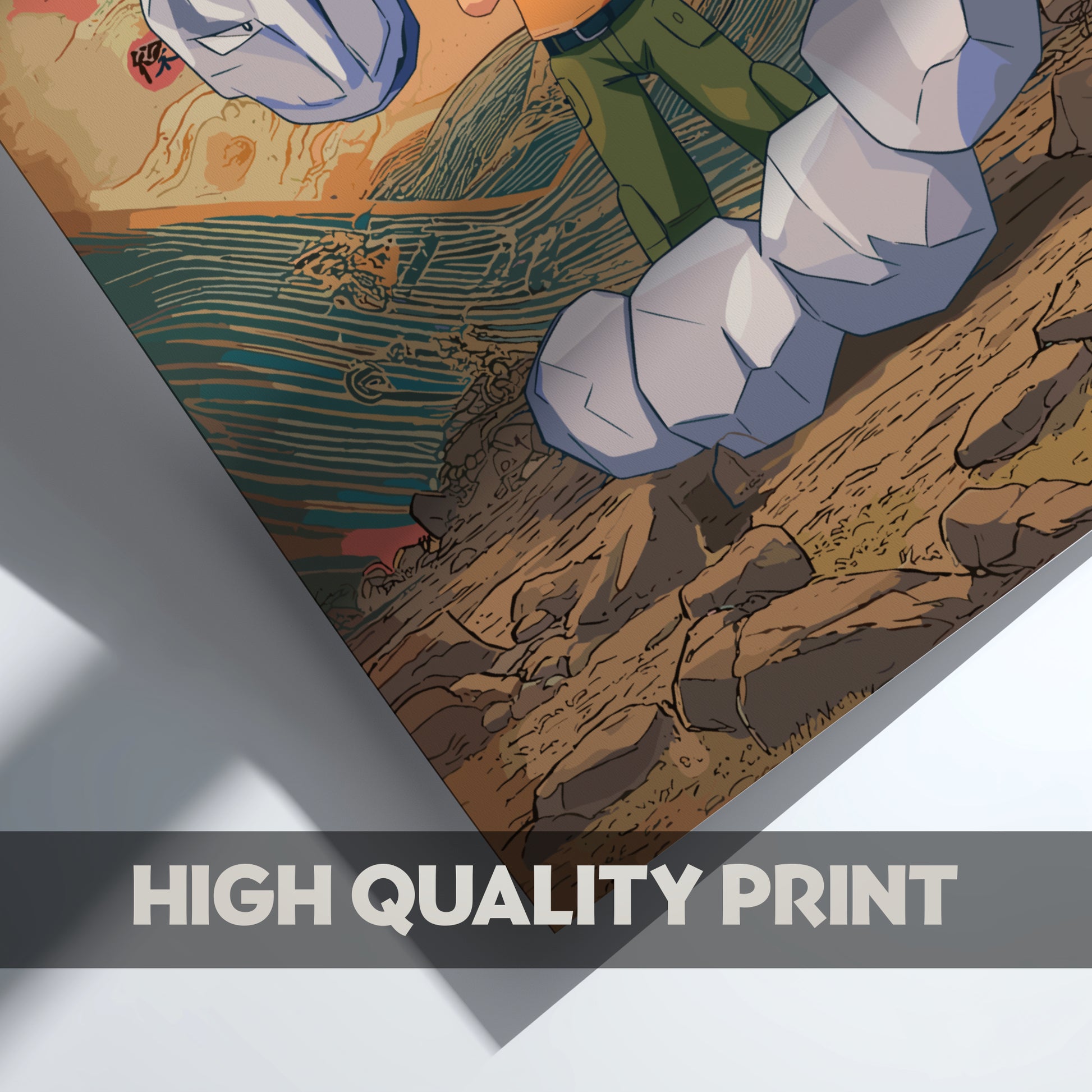 Artistic depiction of Brock and Onix Pokemon on a textured surface, labeled 'High Quality Print'.