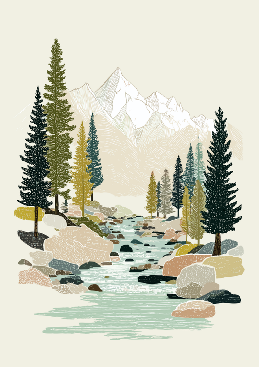 Illustration of a mountain landscape with trees and a stream.