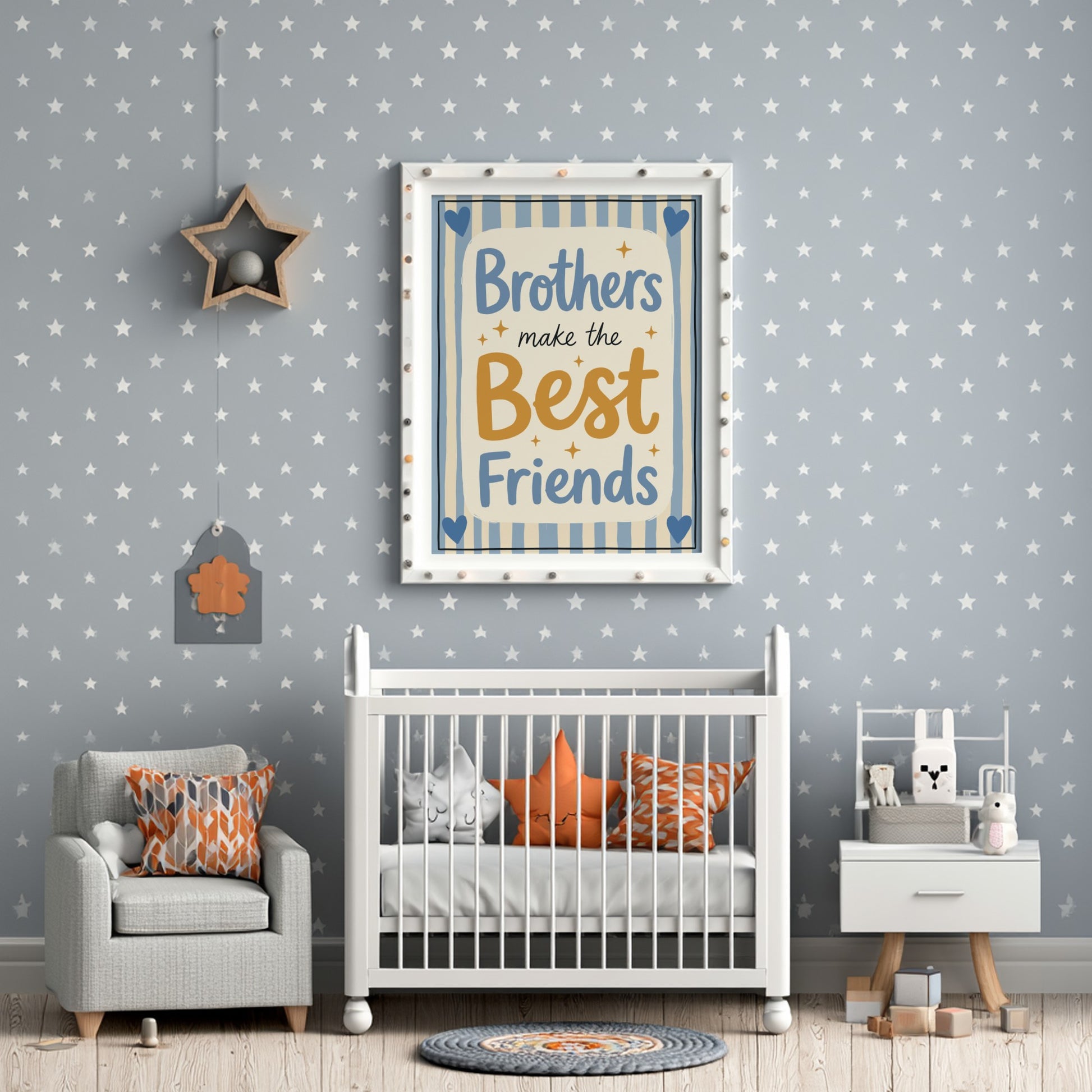 Kids room poster featuring 'Brothers Make the Best Friends' in soft blues and warm tones, perfect for nursery