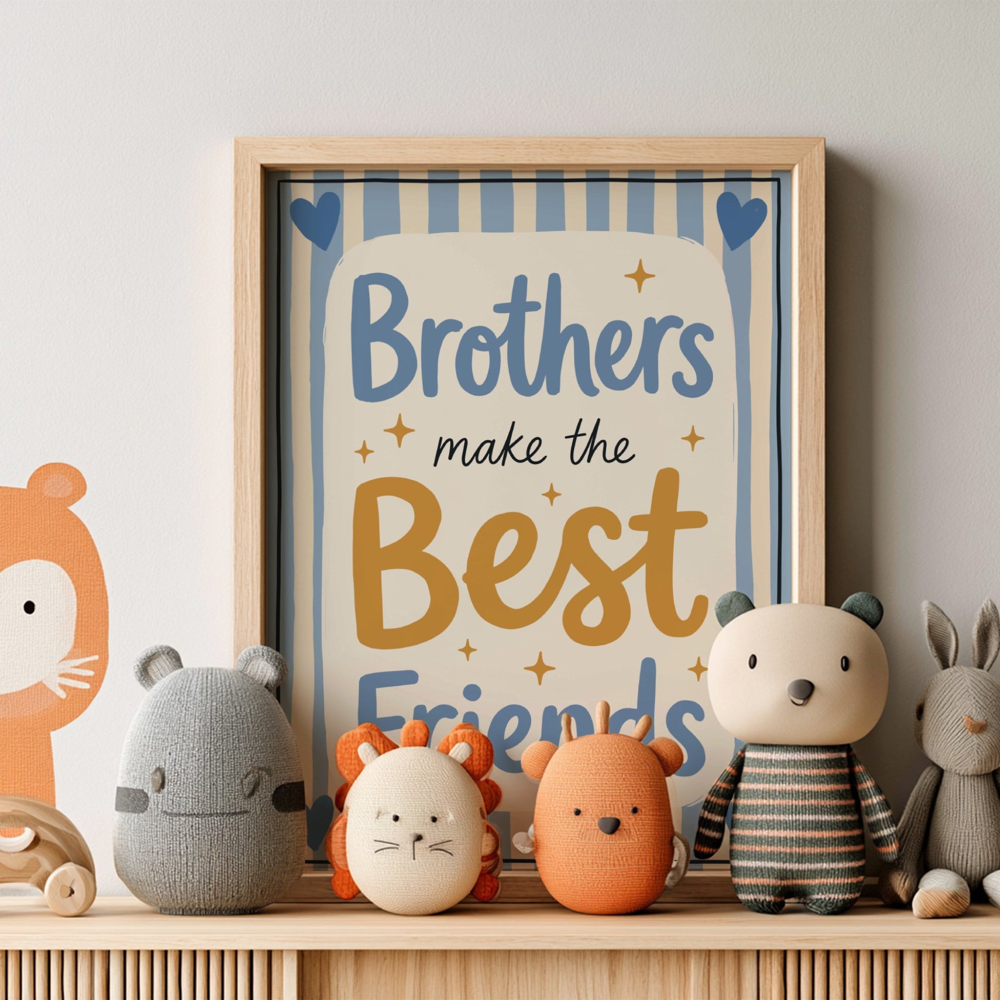 Kids room poster featuring 'Brothers Make the Best Friends' in soft blues and warm tones, perfect for nursery