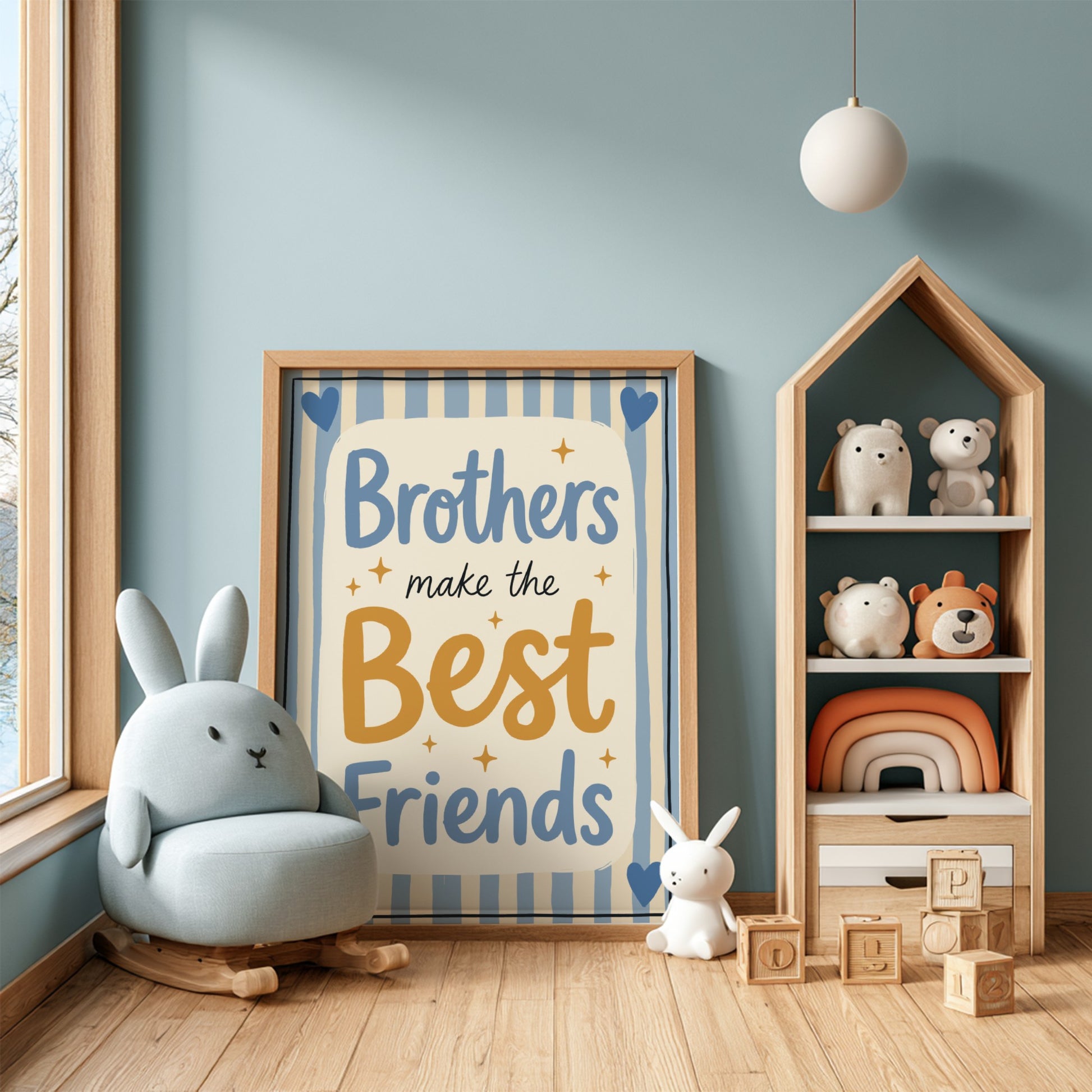 Kids room poster featuring 'Brothers Make the Best Friends' in soft blues and warm tones, perfect for nursery