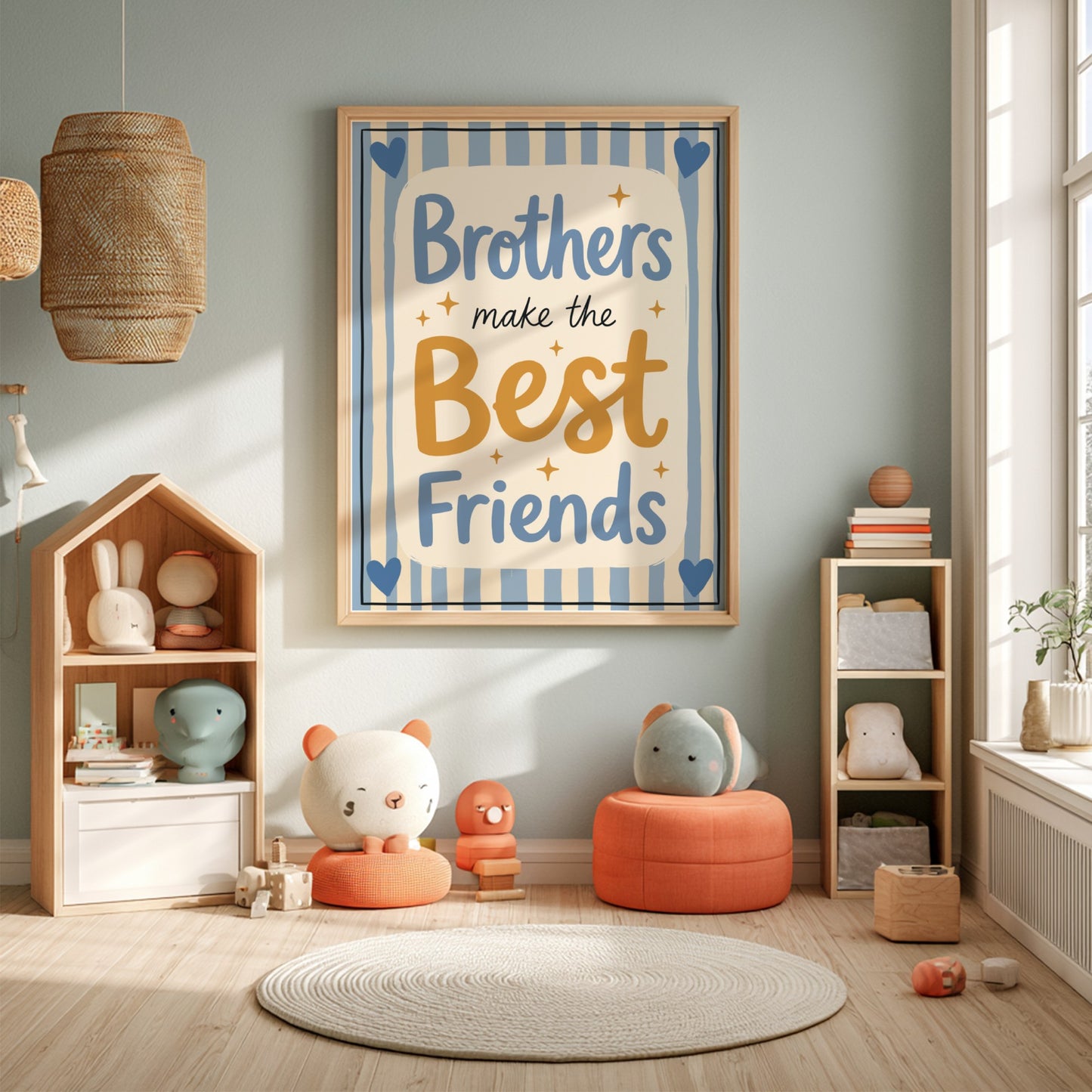 Kids room poster featuring 'Brothers Make the Best Friends' in soft blues and warm tones, perfect for nursery