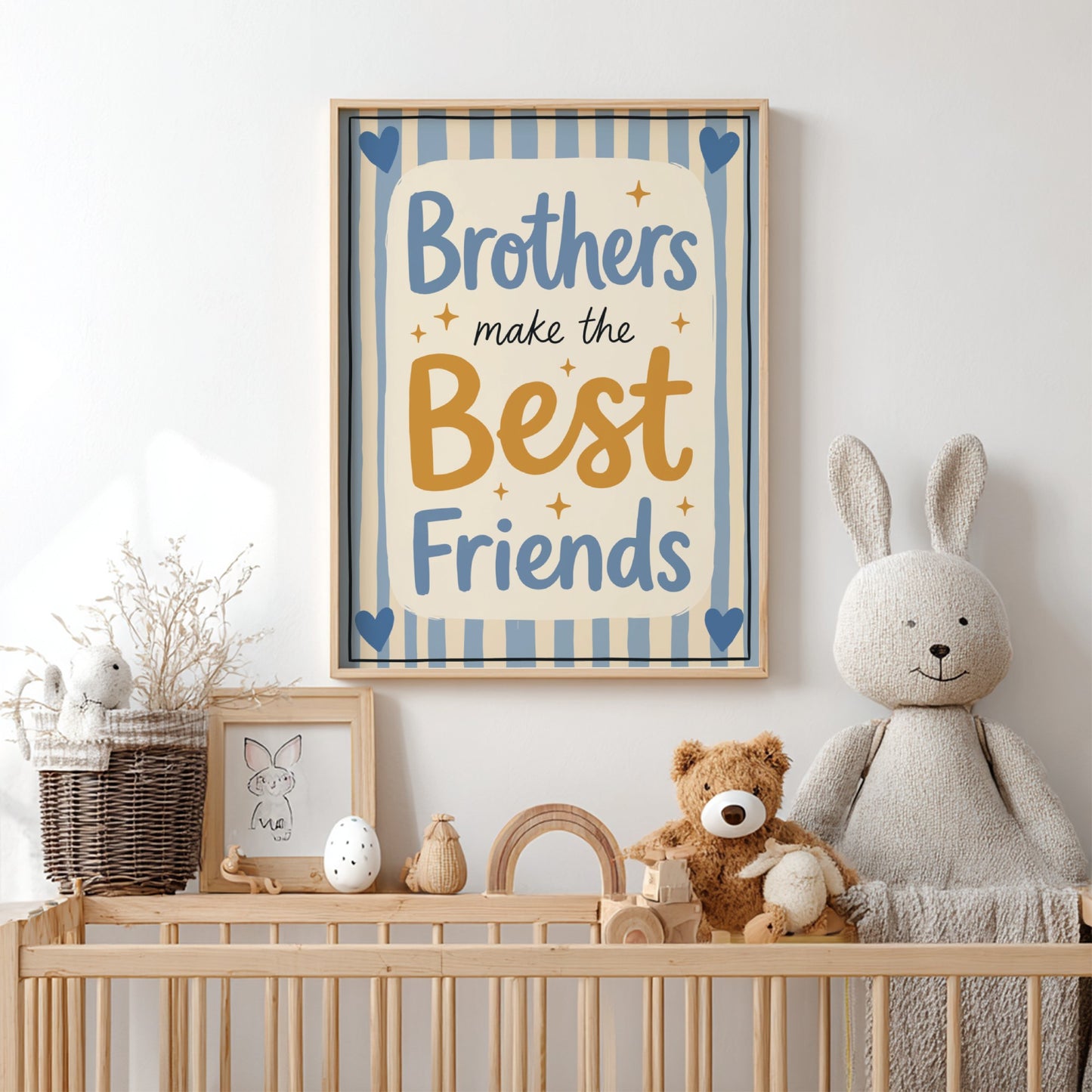 Kids room poster featuring 'Brothers Make the Best Friends' in soft blues and warm tones, perfect for nursery