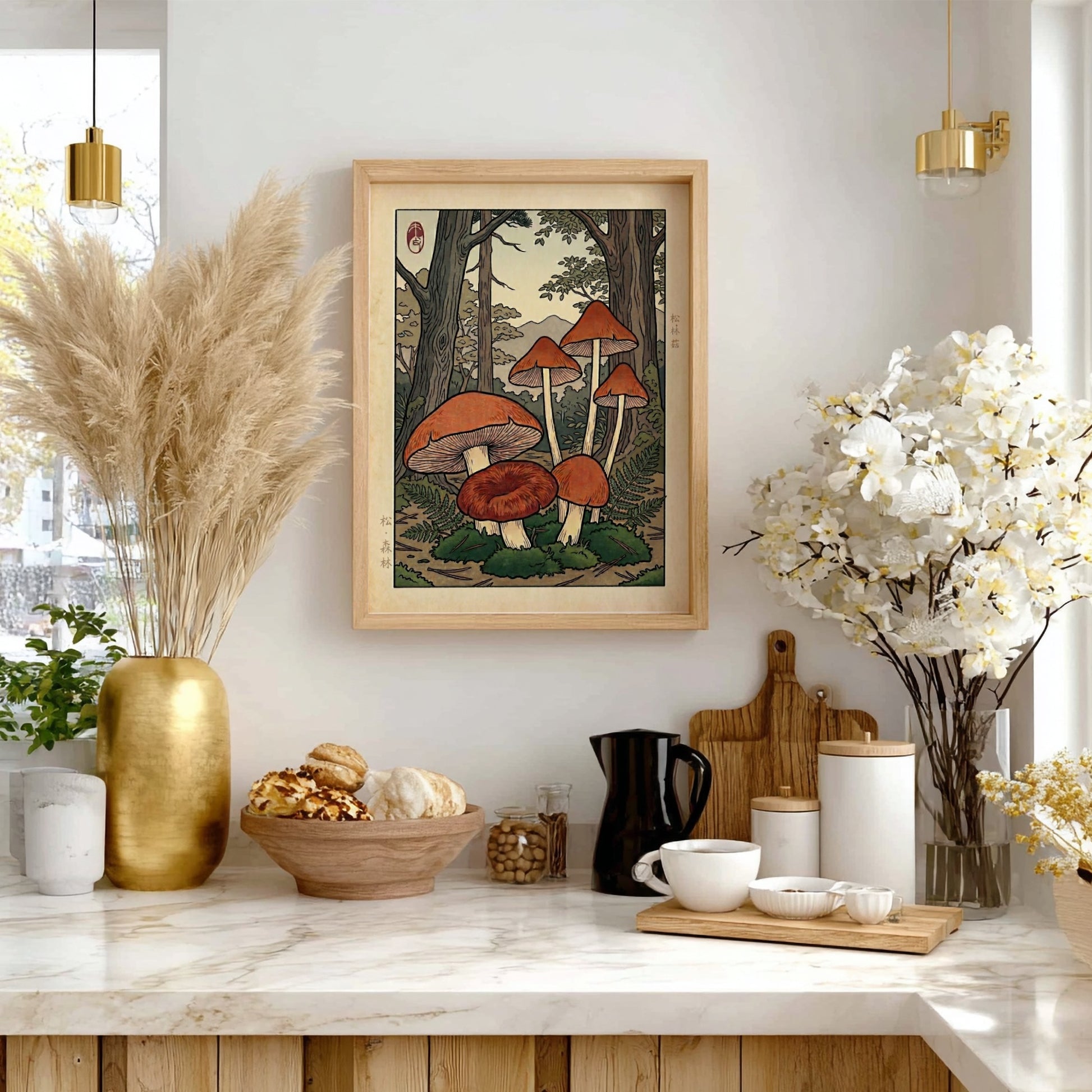 Brown Mushroom Forest Poster showcasing warm earthy tones and intricate details in Japanese art style