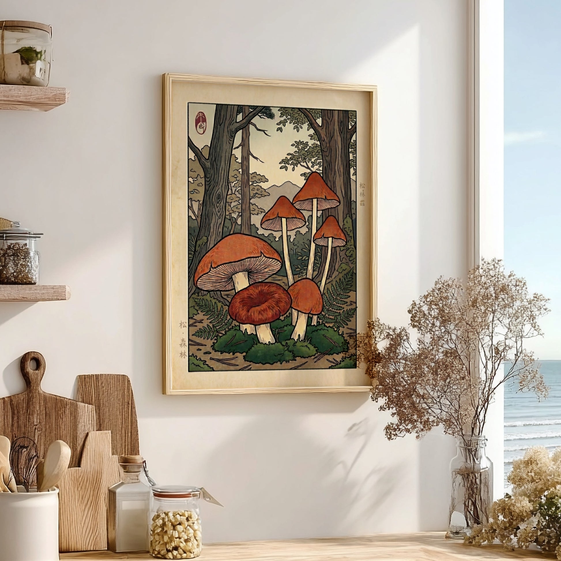 Brown Mushroom Forest Poster showcasing warm earthy tones and intricate details in Japanese art style