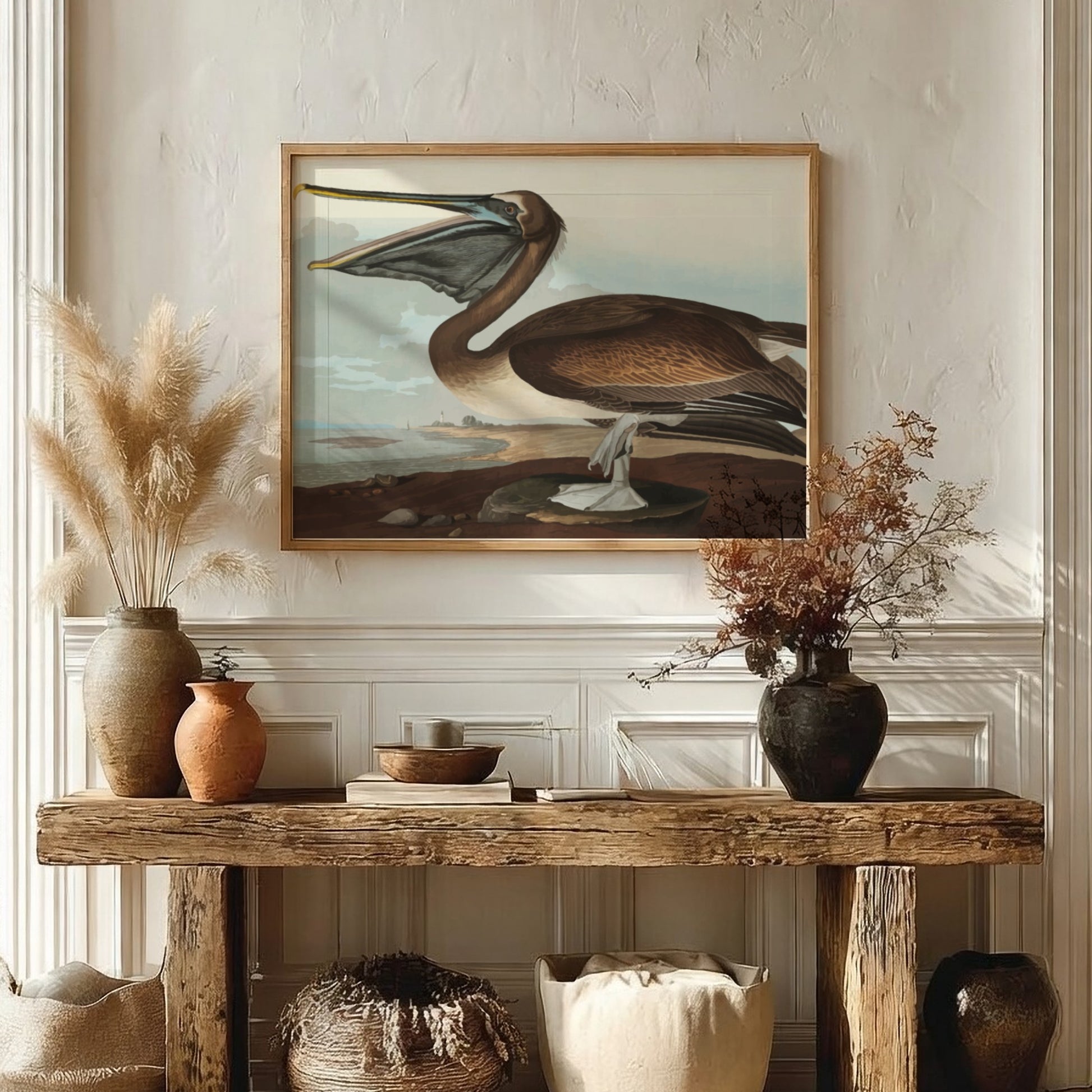 Brown Pelican poster featuring vintage Audubon art in rich colors, ideal for bird lovers and home decor.