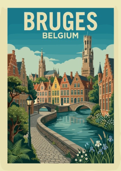 Bruges canal travel poster with Flemish architecture and arched bridges, in a vintage illustration style.