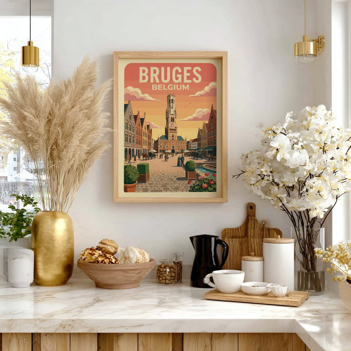 Bruges Belgium travel poster featuring the historic belfry tower and cobblestone square scenery.