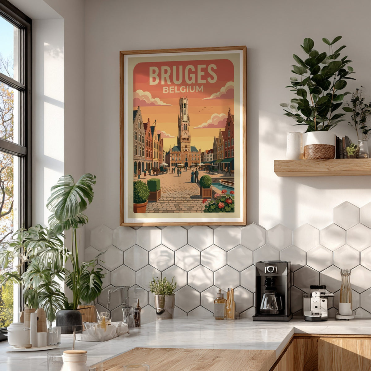 Bruges Belgium travel poster featuring the historic belfry tower and cobblestone square scenery.