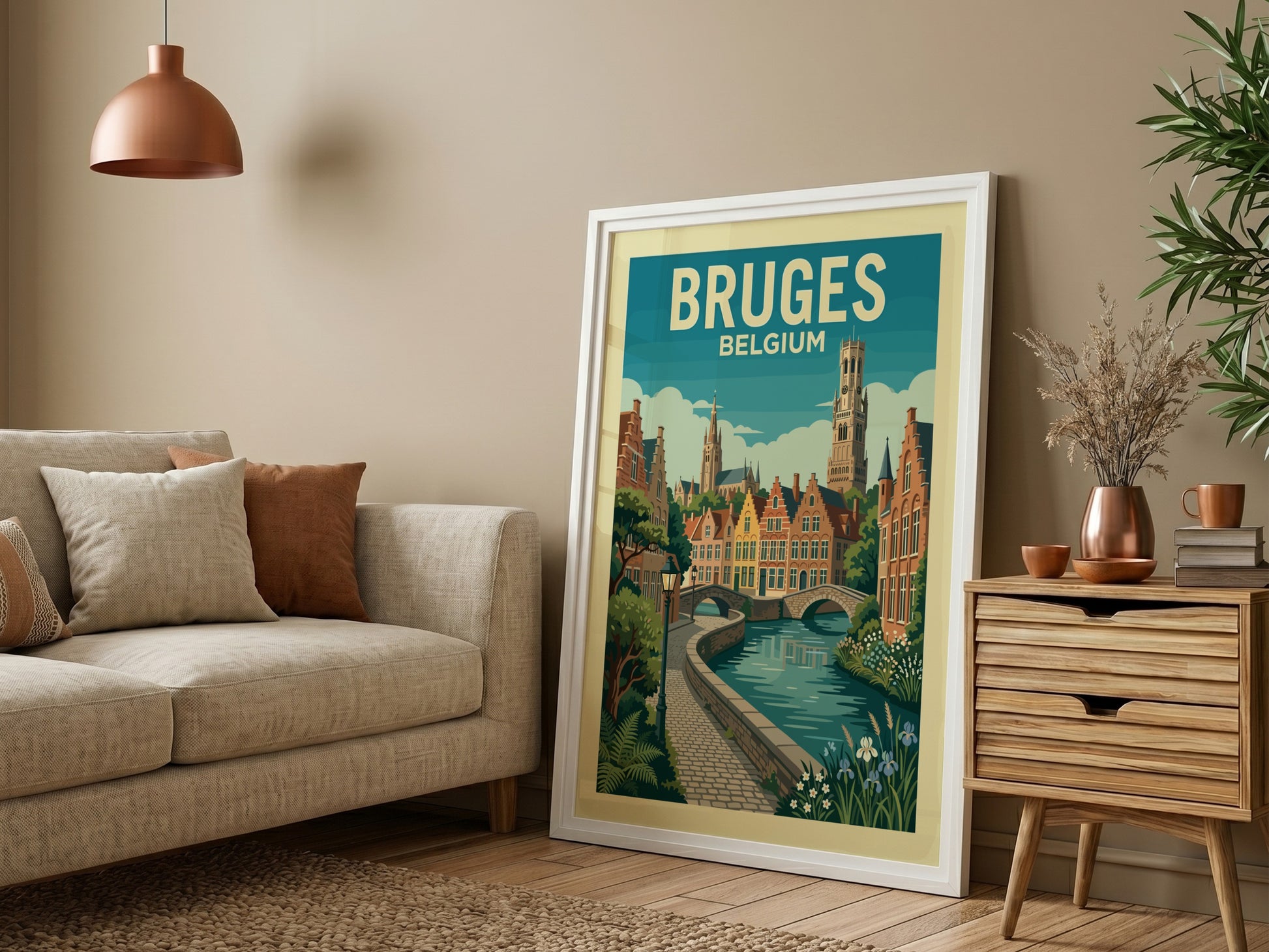 Bruges canal travel poster with Flemish architecture and arched bridges, in a vintage illustration style.