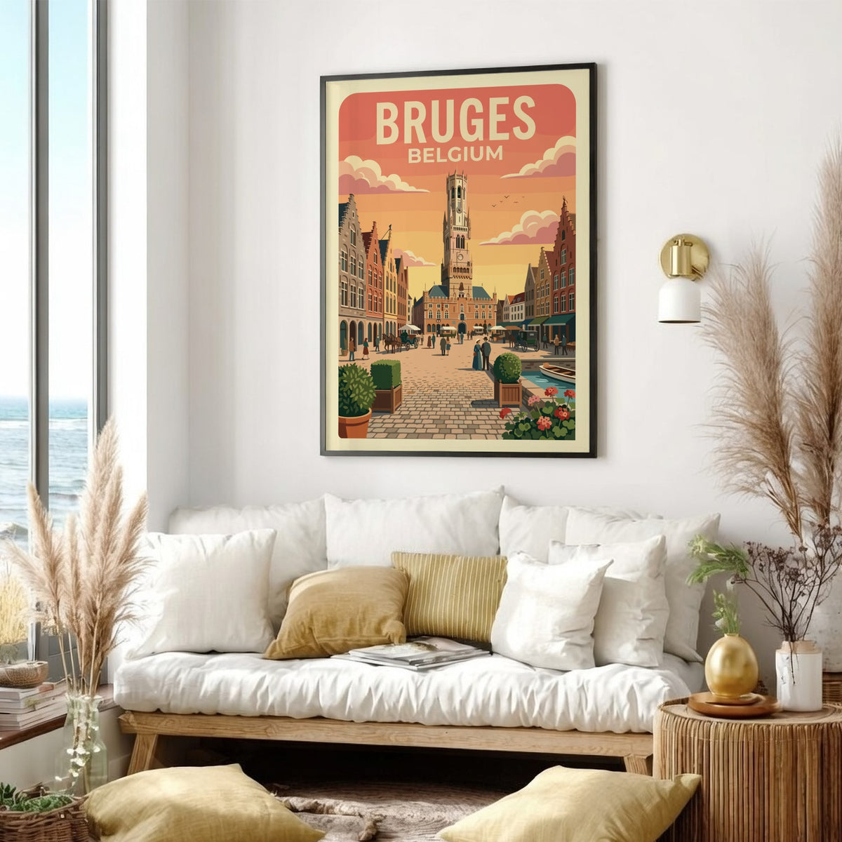 Bruges Belgium travel poster featuring the historic belfry tower and cobblestone square scenery.