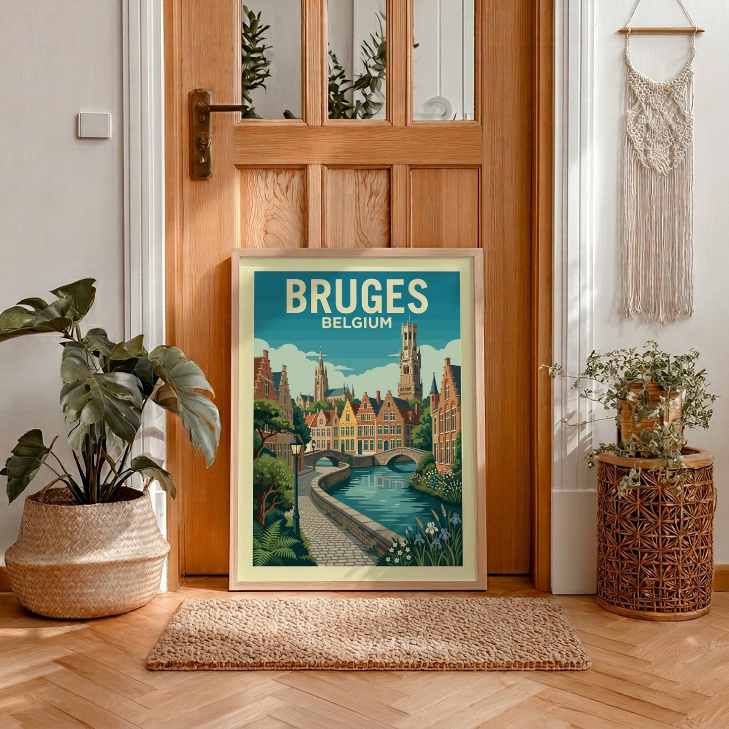 Bruges canal travel poster with Flemish architecture and arched bridges, in a vintage illustration style.