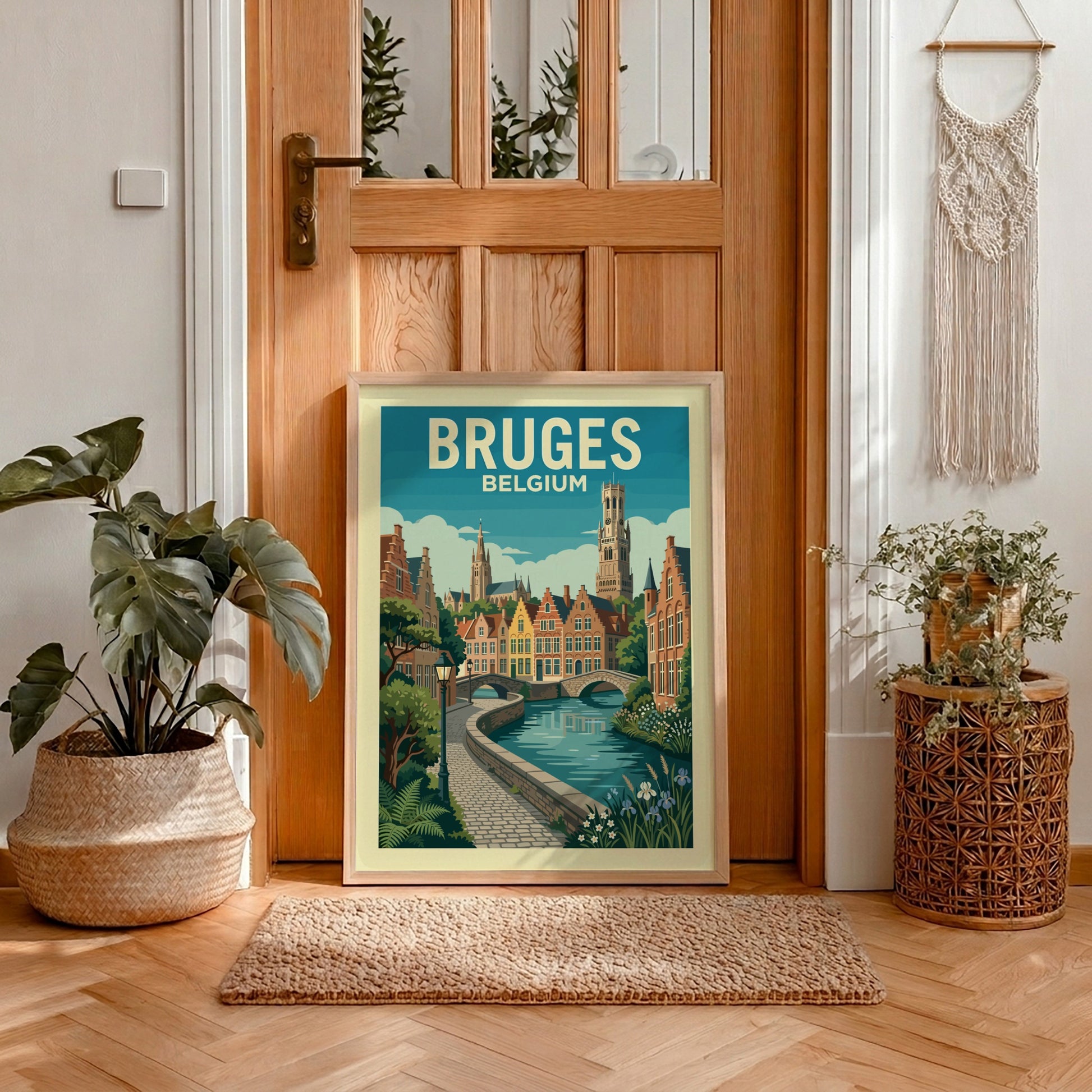 Bruges canal travel poster with Flemish architecture and arched bridges, in a vintage illustration style.