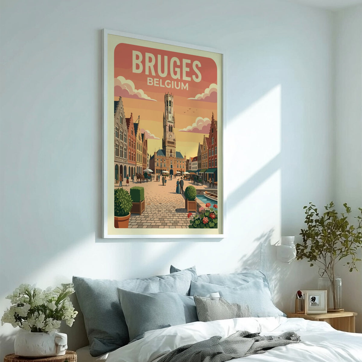 Bruges Belgium travel poster featuring the historic belfry tower and cobblestone square scenery.