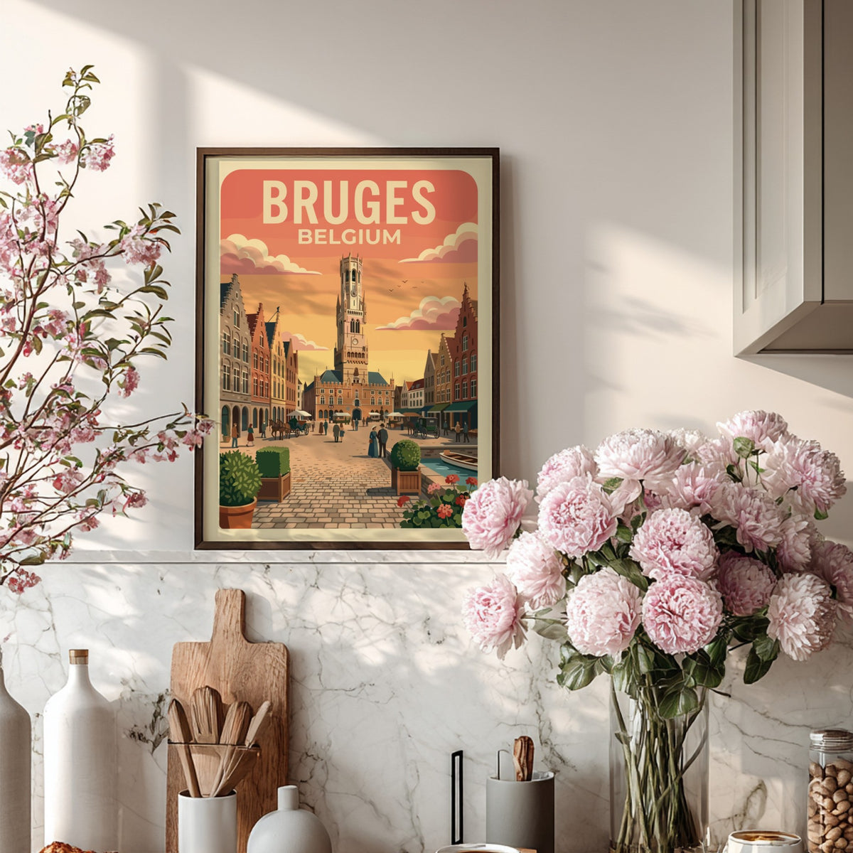 Bruges Belgium travel poster featuring the historic belfry tower and cobblestone square scenery.