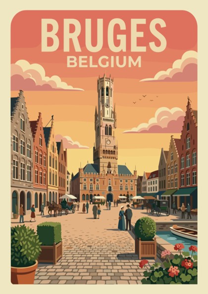 Bruges Belgium travel poster featuring the historic belfry tower and cobblestone square scenery.