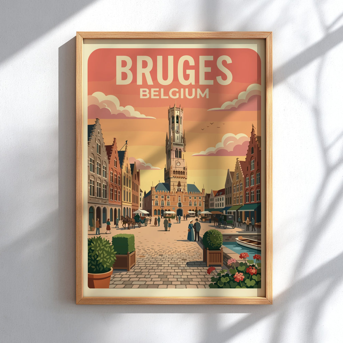 Bruges Belgium travel poster featuring the historic belfry tower and cobblestone square scenery.